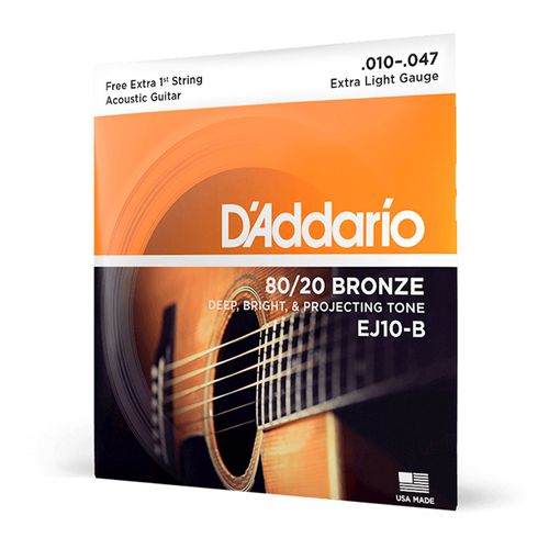 Encordoamento Para Violão Aço 10-47 Com Corda Extra PL010 D'Addario 80/20 Bronze EJ10-B