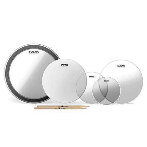 Kit De Peles Fusion Evans G2 Transparente + 1 G1 Porosa 14'' + 1 EMAD 22'' + Par De Baquetas Promark 5A