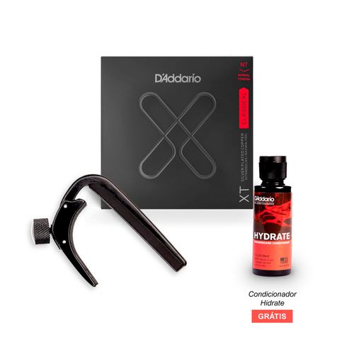 Combo Encordoamento Para Violão Nylon Revestida D'Addario XT XTC45 + Capotraste NS Pro Violão Clássico Preto D'Addario PW-CP-04 & Brinde