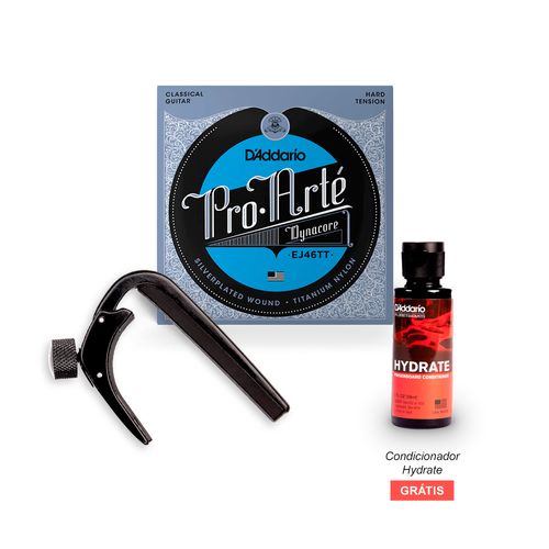 Combo Encordoamento Para Violão Nylon D'Addario Pro-Arté Dynacore EJ46TT + Capotraste NS Pro Violão Clássico Preto D'Addario PW-CP-04 & Brinde