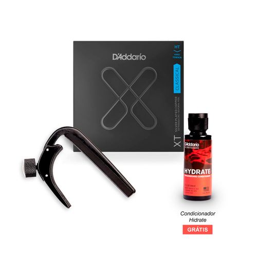 Combo Encordoamento Para Violão Nylon Revestida D'Addario XT XTC46 + Capotraste NS Pro Violão Clássico Preto D'Addario PW-CP-04 & Brinde