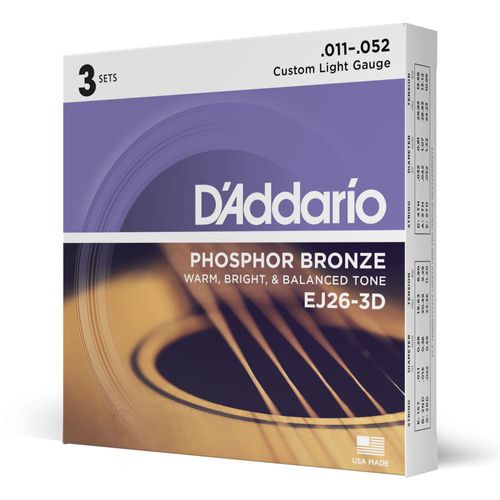 Encordoamento Para Violão Aço 11-52 Tensão Leve (3 Unidades) DAddario Phosphor Bronze EJ26-3D