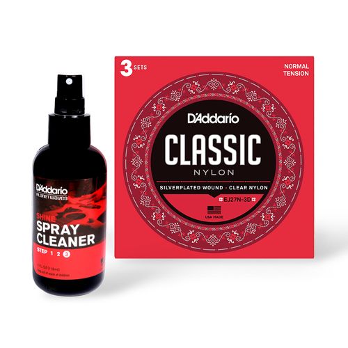 Kit Polidor Spray Shine Encordoamento +  Para Violão Nylon (3 Unidades) D'Addario Classic Student