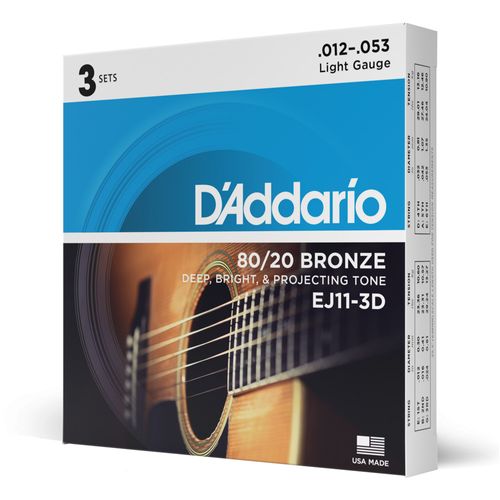 Encordoamento Violão Aço 12-53 DAddario 80/20 Bronze 3 Peças EJ11-3D